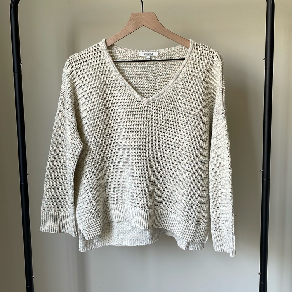 Madewell Marled Seville V Neck Pullover Sweater in Beige
